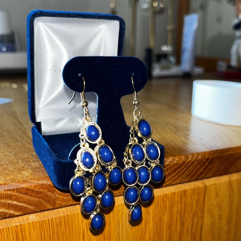 Blue/gold dangle earrings